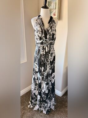 White House Black Market Black & White Floral Halter Maxi Gown